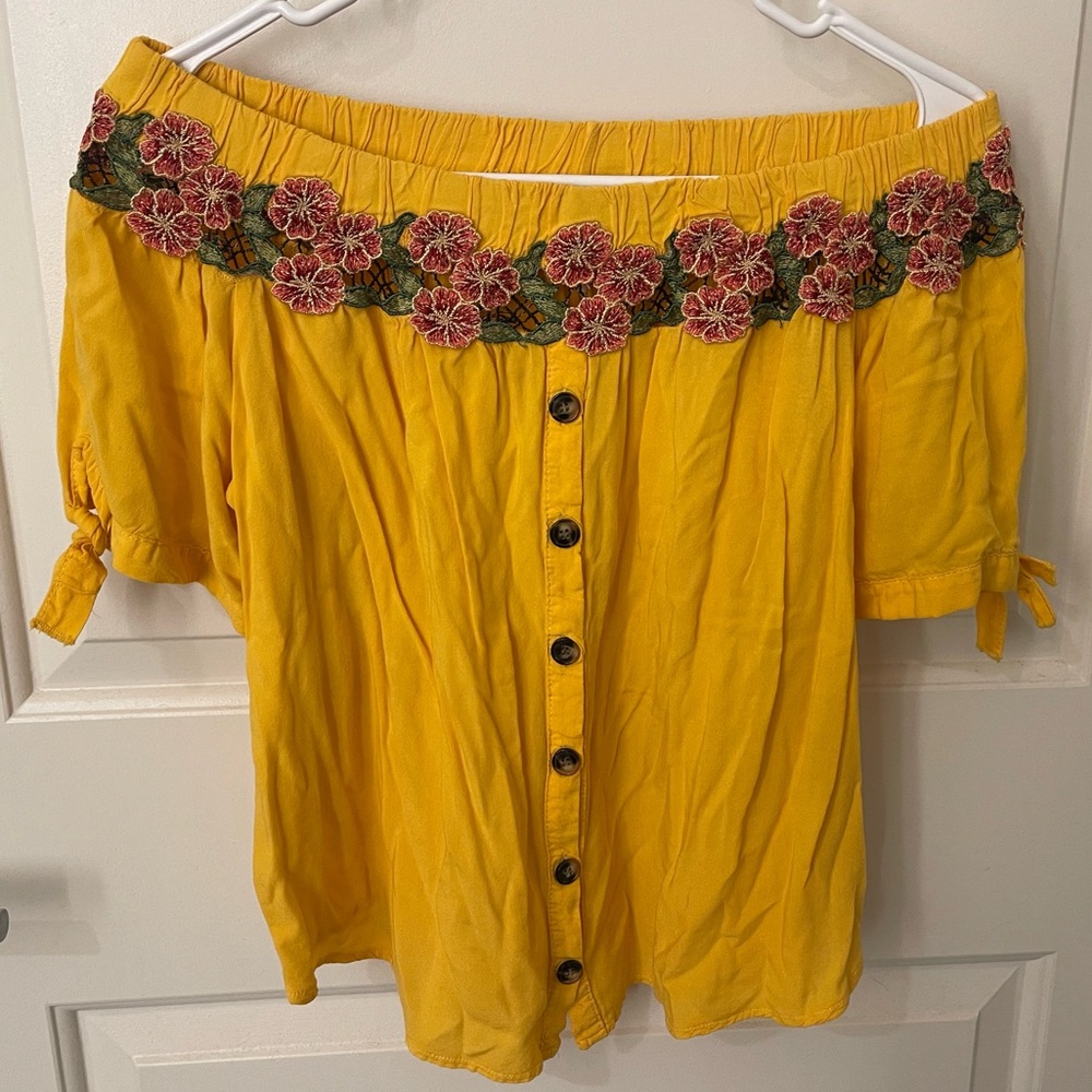 Bright & Beautiful Yellow Off-Shoulder Top with Floral Embroidery